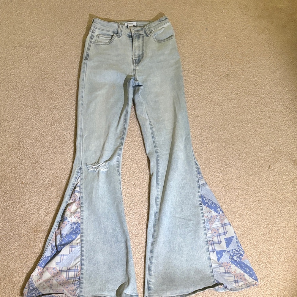 Forever 21 Light Blue Flare Jeans with Patchwork